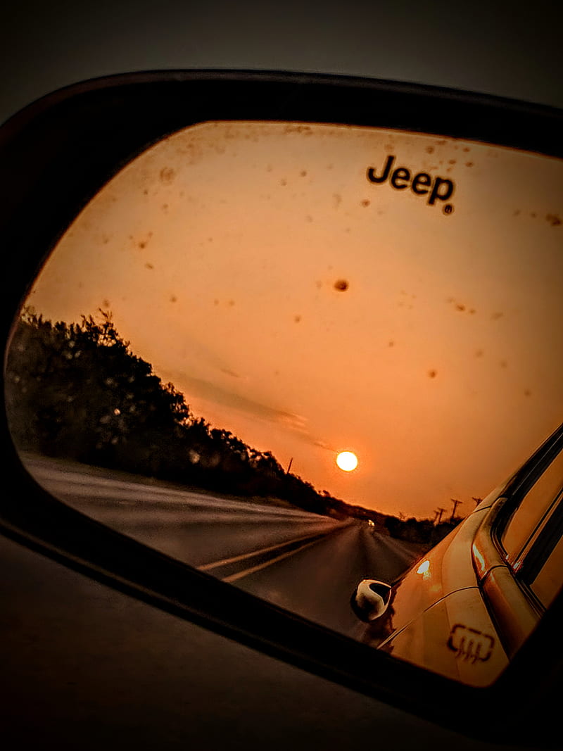 Sunset lover, mirror, behind, review mirror, sunset, dusk, travel, logos, road, jeep, HD phone wallpaper