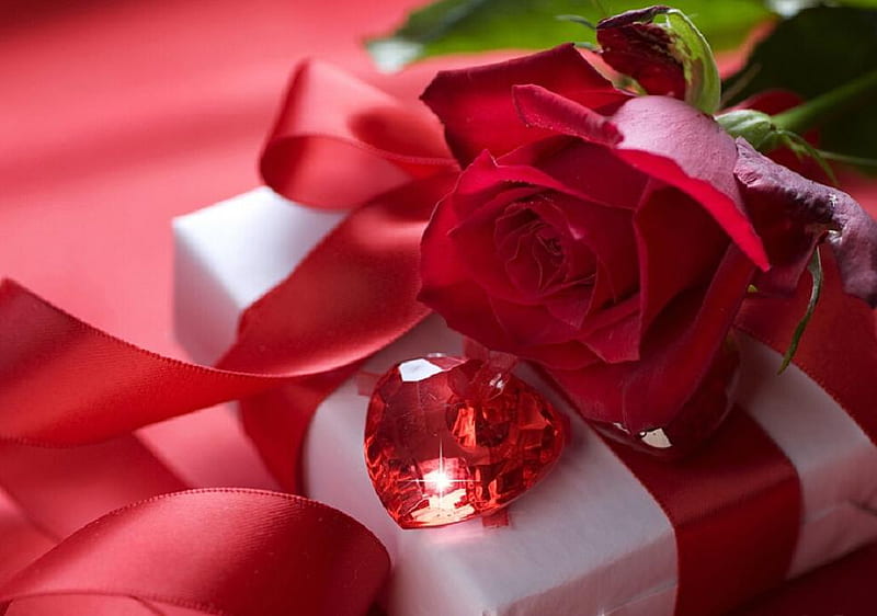 Red rose gift, red, heart shape, box, ribbons, gift, HD wallpaper