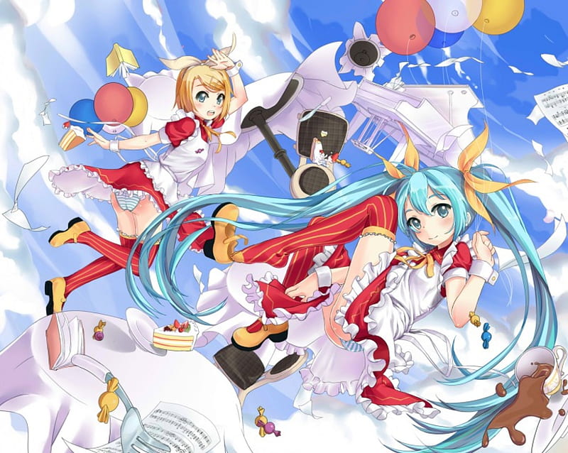 ~Work On The Go~, cake, vocaloid, candy, tables, hatsune miku, rin kagamine, sky, piano, anime, flying, balloons, chairs, friends, red dresses, HD wallpaper