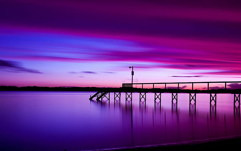 My purple world, water, purple, bridge, nature, magic, clouds, sky, sea, HD wallpaper