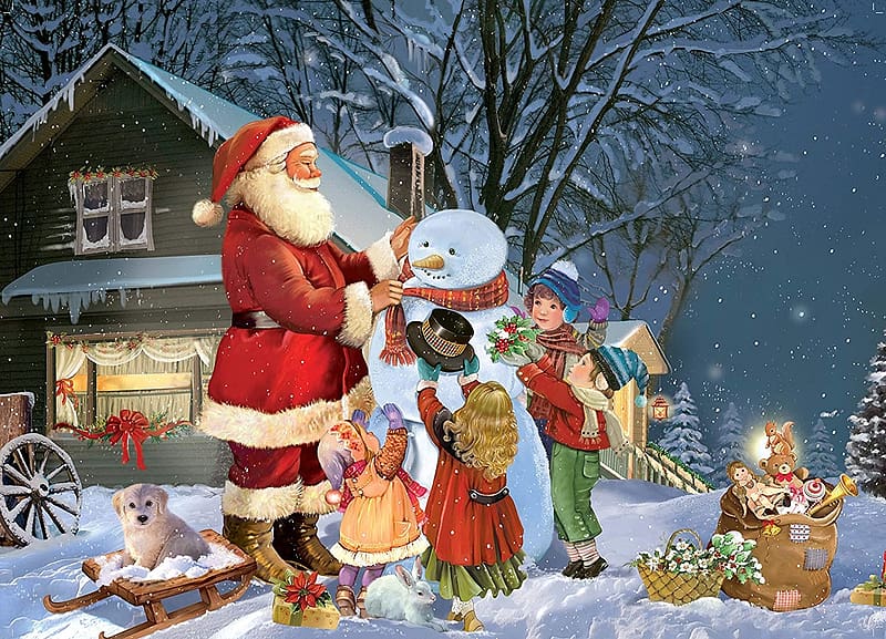 :), children, craciun, art, pictura, iarna, christmas, santa, winter, snowman, painting, HD wallpaper