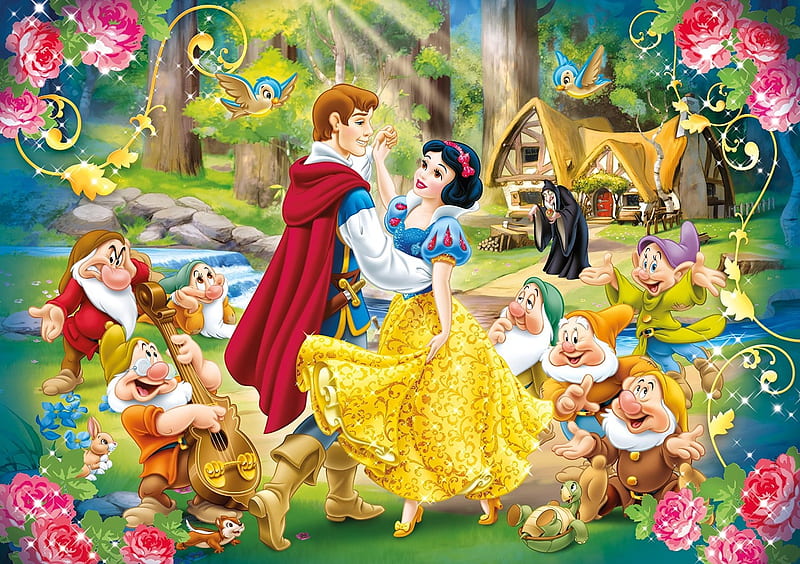 Snow White and the Seven Dwarfs, fantasy, girl, snow white, gnome, prince, dwarf, princess, disney, dance, HD wallpaper