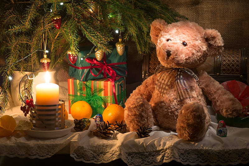 christmas bear, candle, burlap, fur-tree, cloth, cones, bear, new year, branch, oranges, fruit, boxes, toys, gifts, spruce, HD wallpaper