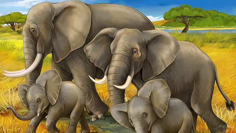 Elephant Family, family, pachyderm, elephants, grass, Africa, sky, mammals, HD wallpaper
