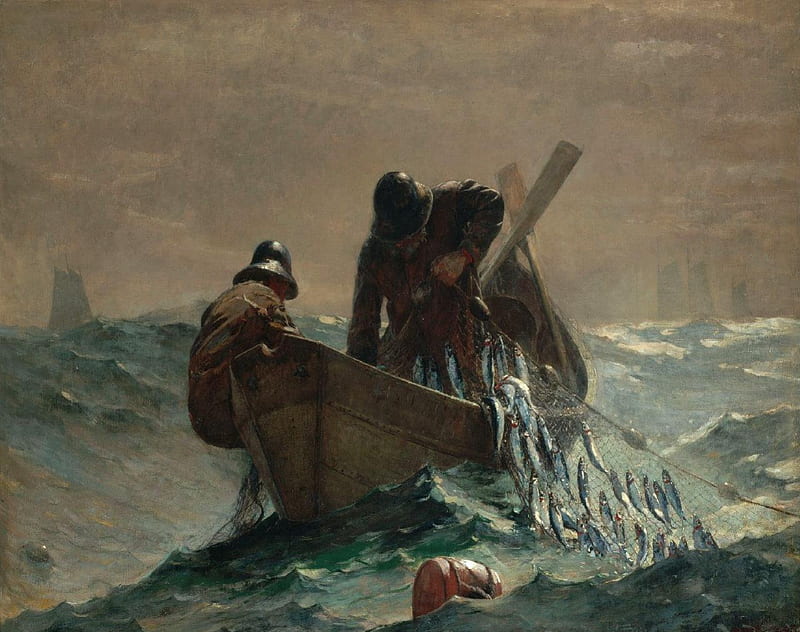 Men And The Sea, ships, boat, net, fish, men, sea, HD wallpaper