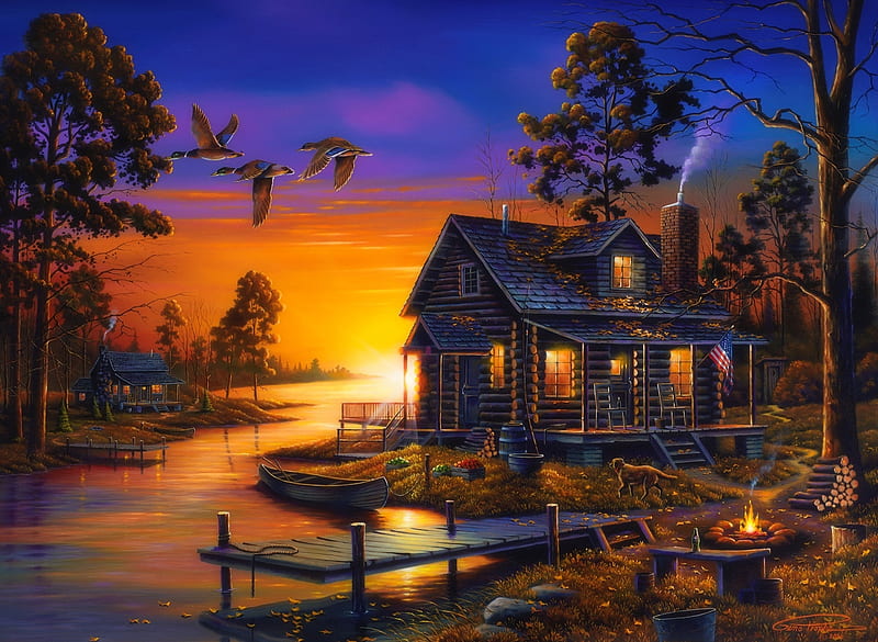 Cozy Retreat, lakes, love four seasons, attractions in dreams, boat, paintings, sunsets, summer, nature, cabins, dog, HD wallpaper