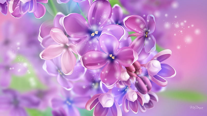 Fragrance of Spring, flowers, glow, shine, spring, lavender, lilacs, sparkle, purple, flowers, star, light, HD wallpaper