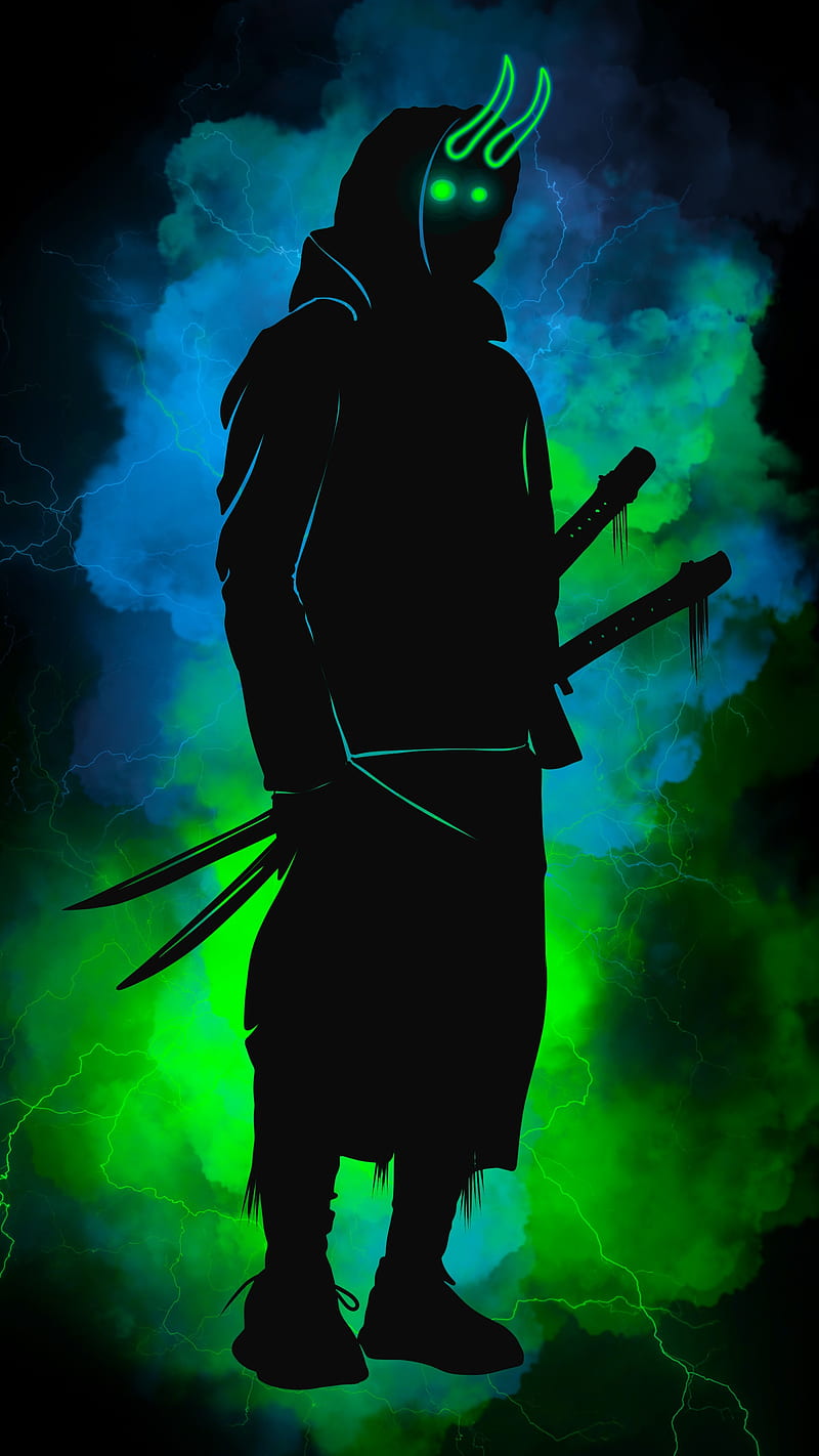 samurai boy 4, abstract anonymous, black, cloud, dark, demon, green, guy, light, lightning, man, mask, sword, warrior, HD phone wallpaper