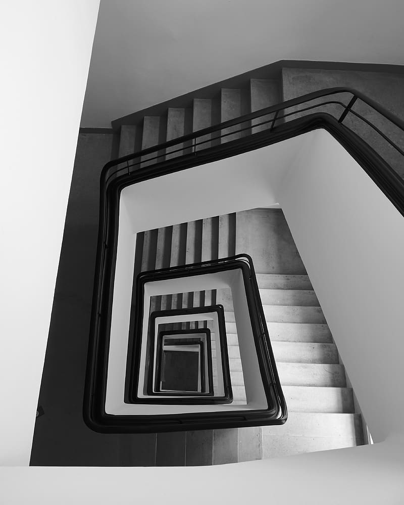 staircase, spiral, aerial view, black and white, HD phone wallpaper