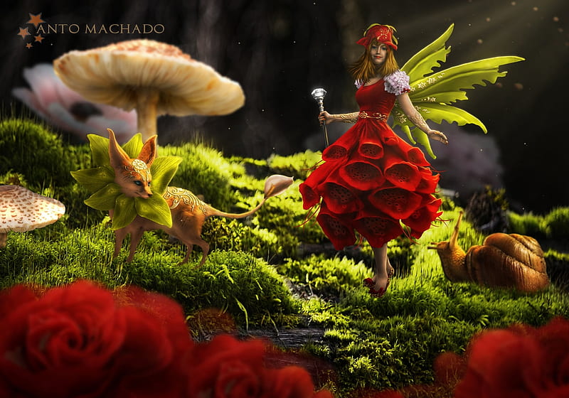 Flora, red, wings, luminos, mushroom, animal, fantasy, girl, green, fox, antoshines, fairy, HD wallpaper
