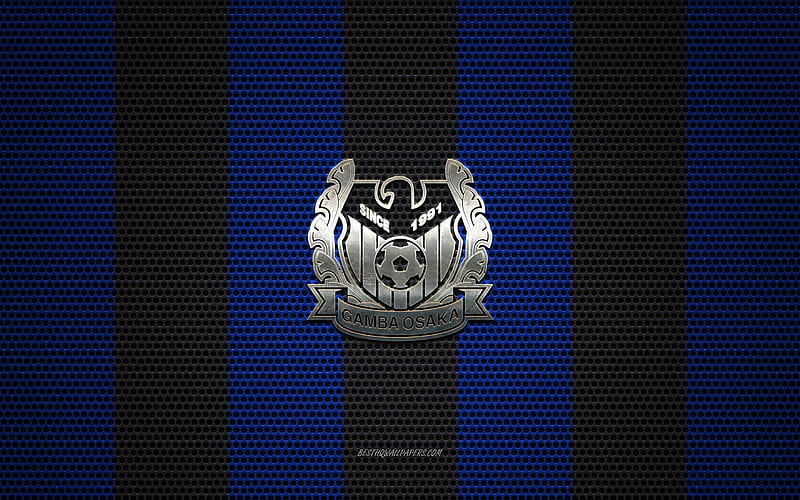 Gamba Osaka logo, Japanese football club, metal emblem, black and blue metal mesh background, Gamba Osaka, J1 League, Osaka, japan, football, Japan Professional Football League, G-Osaka, HD wallpaper