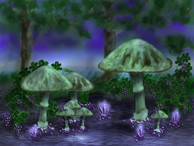 SHROOMVILLE, grapes, purple, green, mushrooms, trees, sky, blue, HD wallpaper