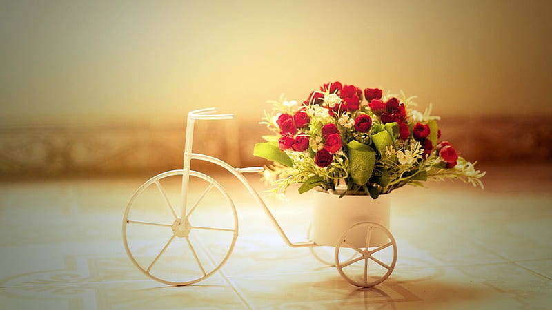 Roses bouquet, flowers design, still life, bouquet, bicycle, flowers, roses, vintage, HD wallpaper