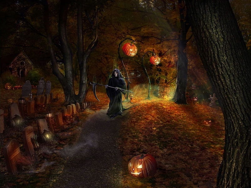 The Grim Reaper, pumpkins, scythe, Reaper, graveyard, grim, cemetary, HD wallpaper