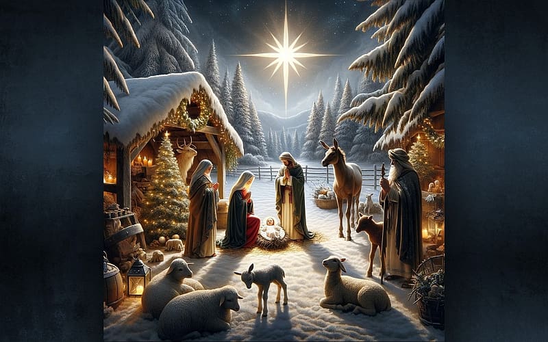 Nativity Scene, star, AI art, Nativity, Mary, Jesus, sheep, Baby, Joseph, Christmas, HD wallpaper