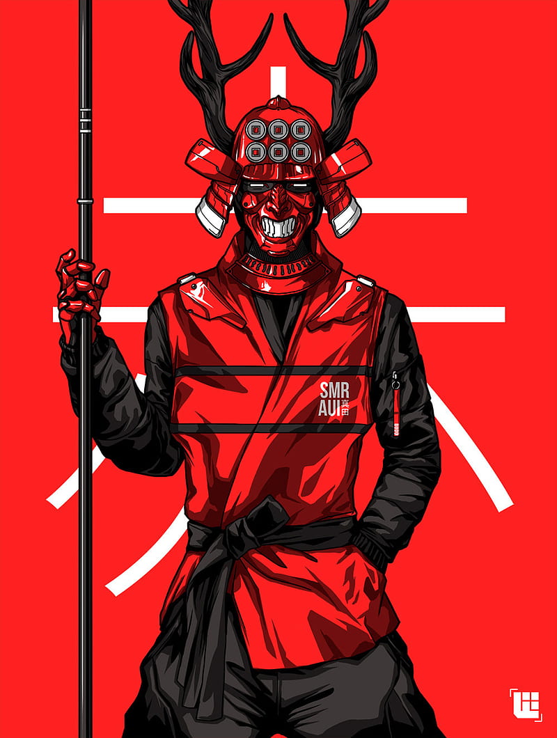Red Samurai, background, black, horns, man, masked, staff, HD phone wallpaper