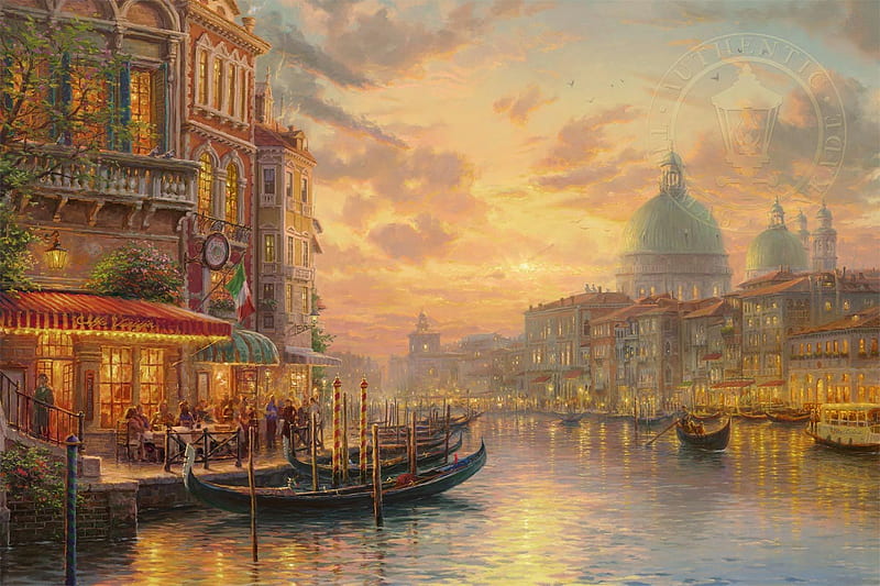 Thomas Kinkade - Venetian Cafe, grand canal, sunset, venice, clouds, sky, artwork, boats, painting, italy, HD wallpaper