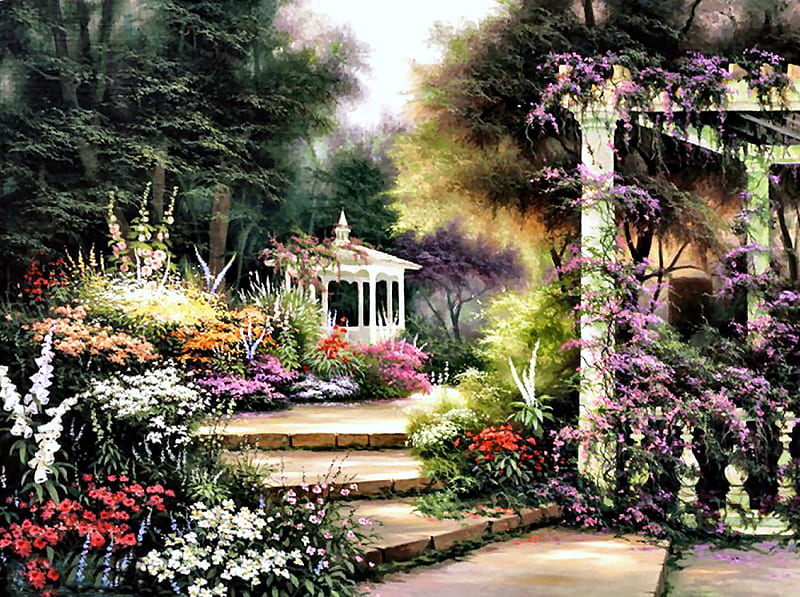 Gazebo Garden F, art, romance, stairs, bonito, artwork, floral, walkway ...