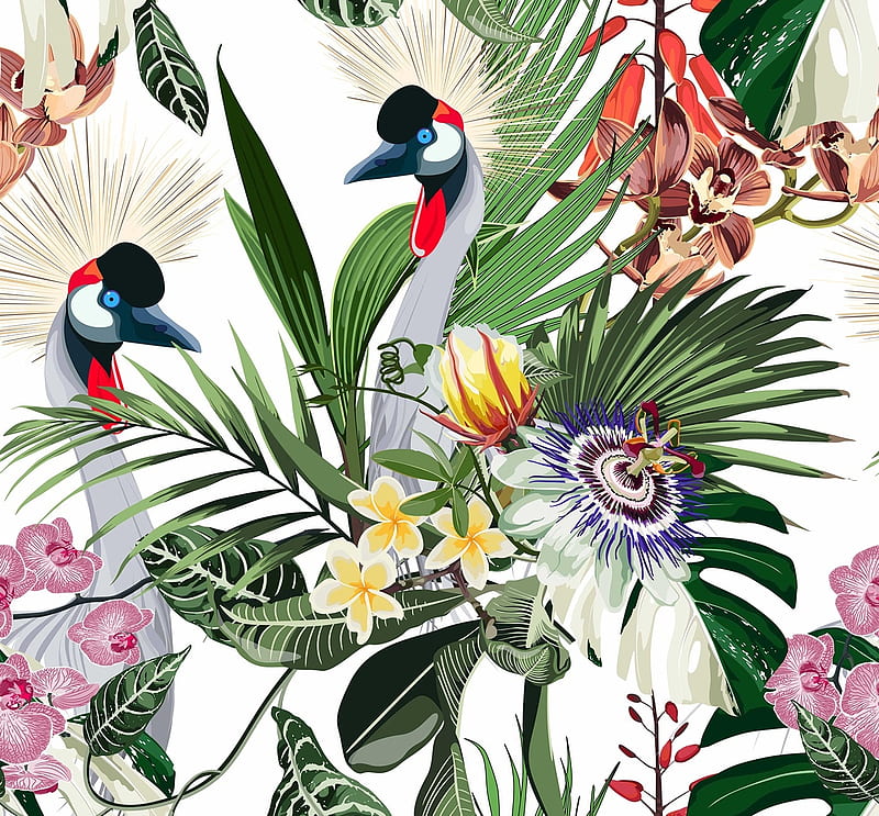 Pattern, cranes, bird, exotic, flower, texture, pasari, vara, summer, HD wallpaper