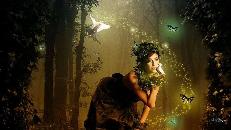 Woman in the Forest, forest, glowing, woods, firefox persona, butterflies, woman, sparkles, fantasy, doves, bright, magical, peaceful, lady, light, beautiful girl, HD wallpaper