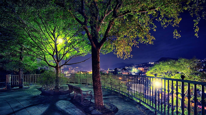 amazing park overlooking a city, fence, bench, park, trees, coty, lights, night, HD wallpaper