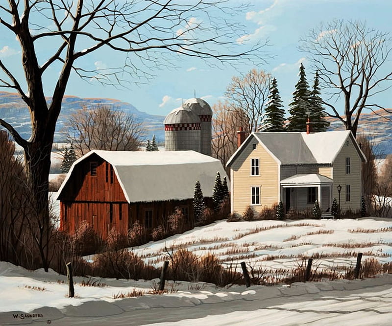 Homestead, countryside, house, snow, painting, artwork, barn, winter, HD wallpaper