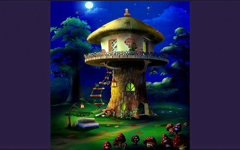Moonshine Serenade, moon, house, mushrooms, trees, sky, artwork, night, light, HD wallpaper