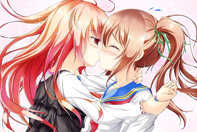 lesbians, closed eyes, two women, anime, anime girls, kissing, yuri, maid