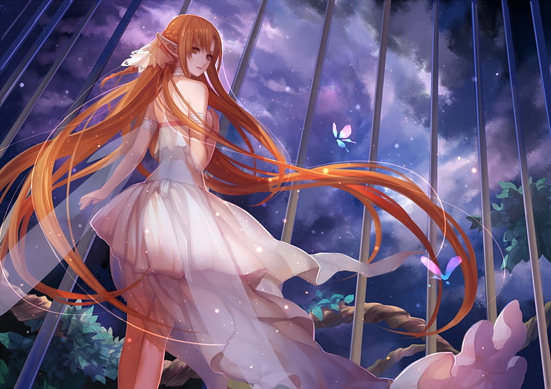 Asuna Yuuki, world tree, cg, wing, sweet, fantasy, butterfly, anime, beauty, anime girl, realistic, long hair, fairy, wings, lovely, braid, gown, online, sky, sexy, cute, cage, asuna, white, maiden, scenic, dress, divine, bonito, sublime, elegant, hot, scenery, gorgeous, female, cloud, view, elf, brown hair, yuuki asuna, sword art online, sao, 3d, girl, lady, scene, HD wallpaper