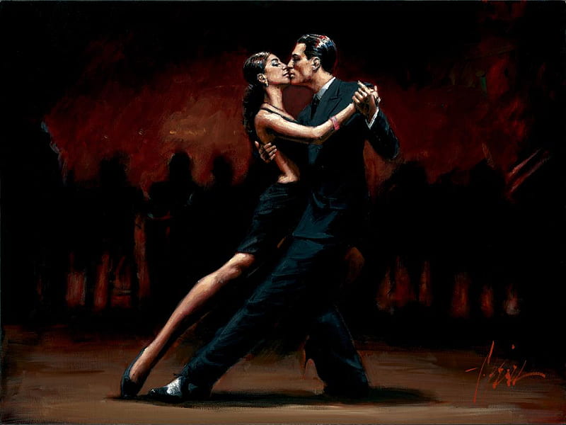 Fabian Perez - Tango In Paris In Black Suit, art, tango, black suit, paris, man, woman, kiss, fabian perez, young, girl, love, painting, passion, dance, HD wallpaper