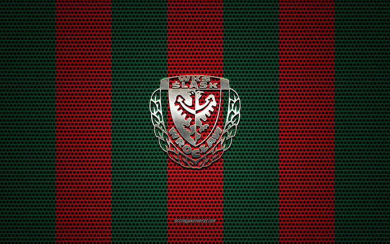 Slask Wroclaw logo, Polish football club, metal emblem, green red metal mesh background, Slask Wroclaw, Ekstraklasa, Wroclaw, Poland, football, HD wallpaper