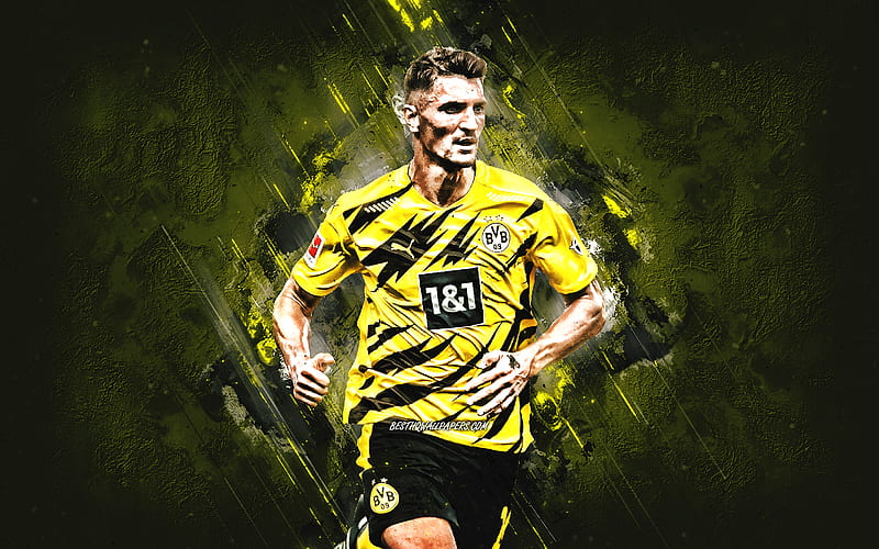 Thomas Meunier, Borussia Dortmund, BVB, belgian soccer player, portrait, yellow stone background, football, Dortmund, HD wallpaper