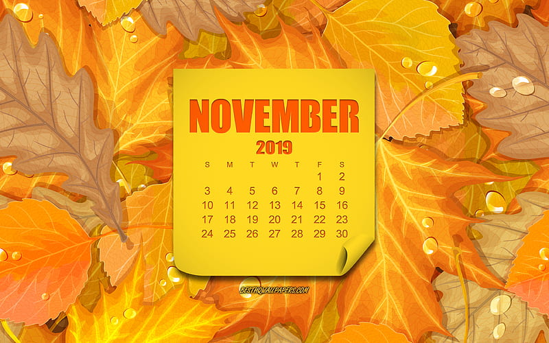 November 2019 Calendar, Yellow Leaves Background, Autumn Background, November, Calendar, Creative Yellow Background, 2019 November Calendar, HD wallpaper