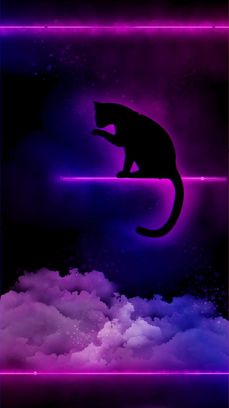 Neon cat, blur, dark, frame, galaxy, glow, kitten, kitty, purple, HD phone wallpaper
