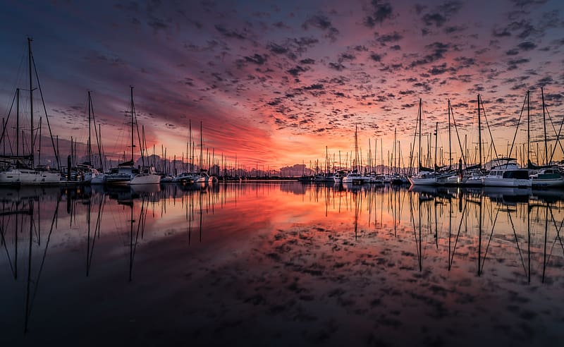 Sky, Reflection, Sunrise, Yacht, Harbor, Vehicle, HD wallpaper