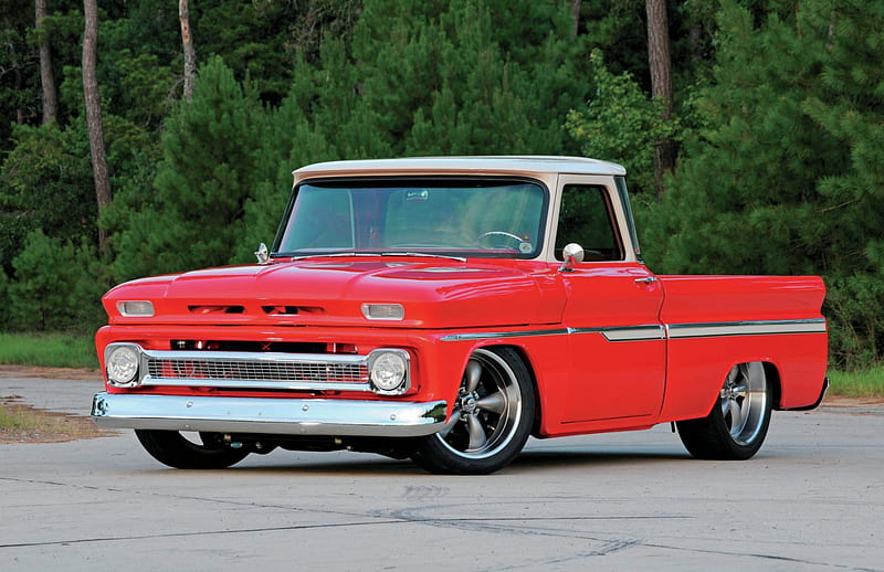 1965-Chevy-c10, Classic, Red, Bowtie, Truck, HD wallpaper