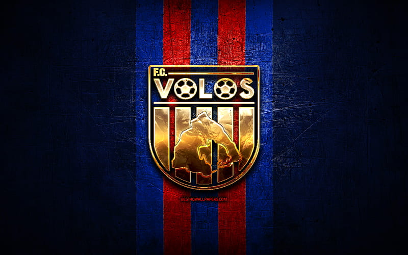 Volos FC, golden logo, Super League Greece, blue metal background, football, FC Volos, greek football club, FC Volos logo, soccer, Greece, HD wallpaper