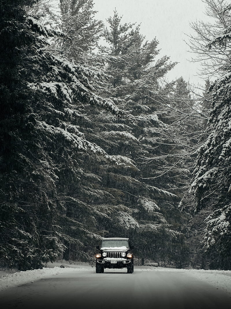 jeep wrangler, jeep, car, suv, black, snow, road, HD phone wallpaper