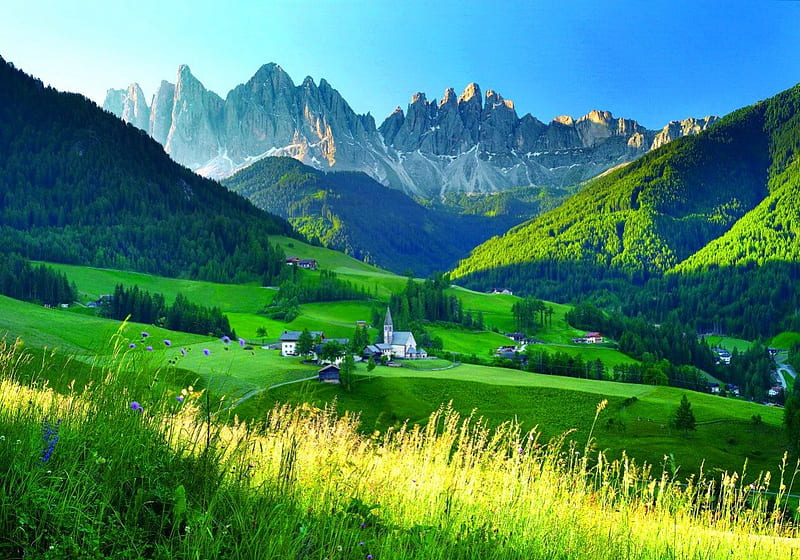 Mountain beauty, glow, grass, houses, greenery, sky, mountain, green, summer, slope, peaks, flowers, peaceful, village, nature, HD wallpaper
