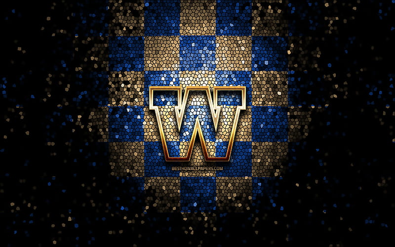 Winnipeg Blue Bombers, glitter logo, CFL, blue brown checkered background, soccer, canadian football team, Winnipeg Blue Bombers logo, mosaic art, canadian football, HD wallpaper