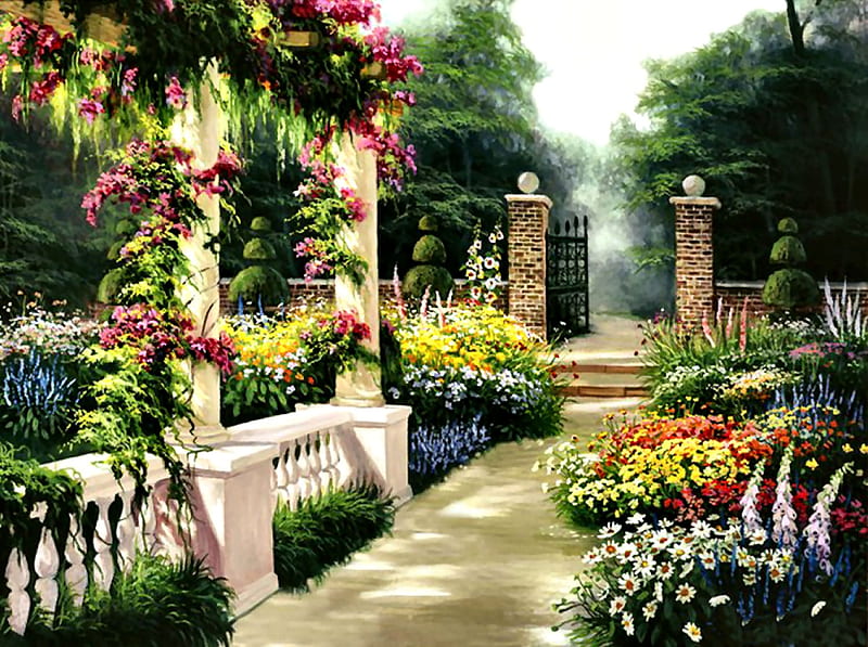 Garden Gate F, gate, art, romance, bonito, artwork, floral, love ...