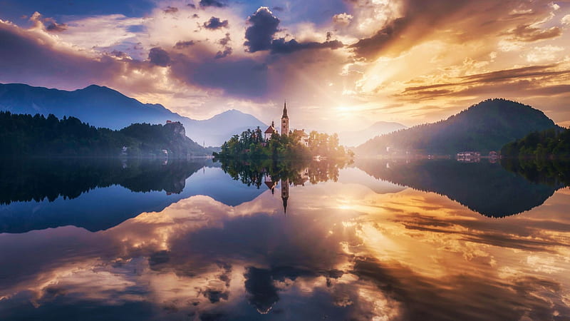 Morning Sunrise at Lake Bled, Slovenia, island, landscape, clouds, colors, sky, sun, mountains, church, HD wallpaper