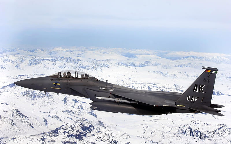 F-15E Strike Eagle flies over Glacial fields-military aircraft, HD wallpaper