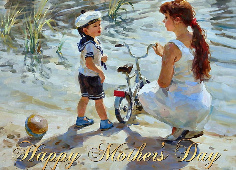 Little Boy and Mother F, little boy, art, holiday, bicycle, bonito, mother, illustration, Mothers Day, artwork, May, love, painting, wide screen, child, occasion, bike, HD wallpaper