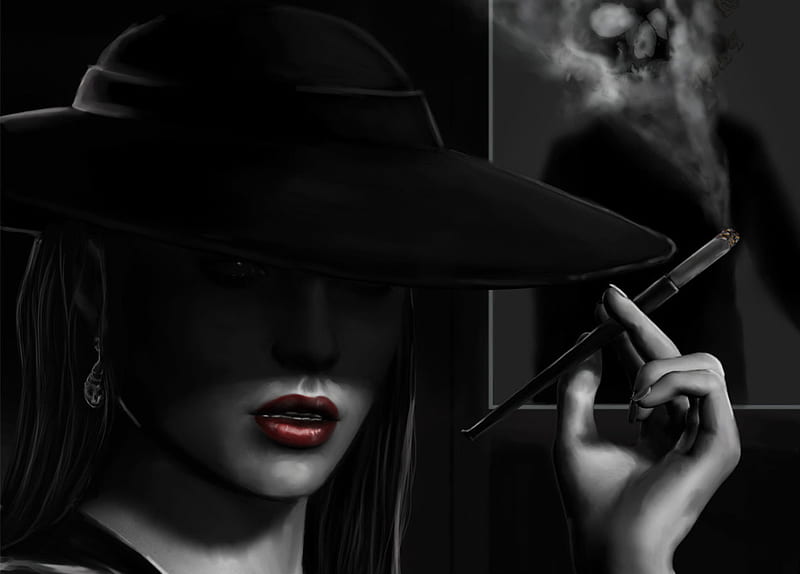 Female, red, fantasy, smoking, lips, hat, HD wallpaper