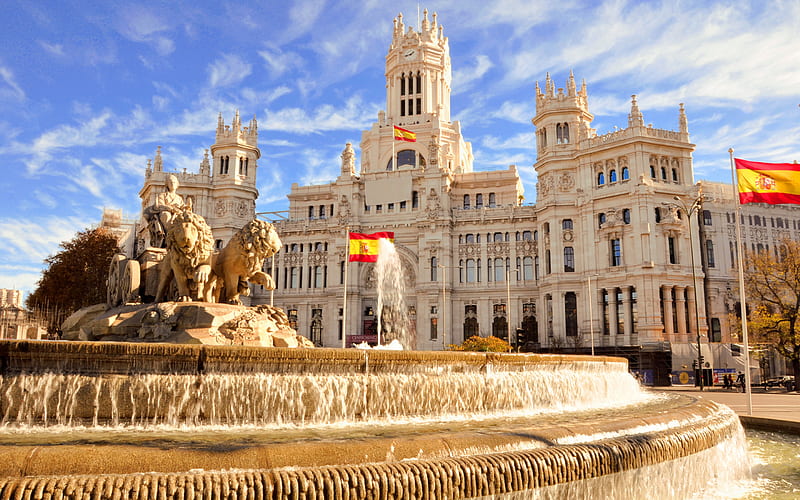Fountain of Cybele, Madrid, Cybele Palace, Plaza de Cibeles, flag of Spain, Spanish flag on flagpole, beautiful palace, Spain, HD wallpaper