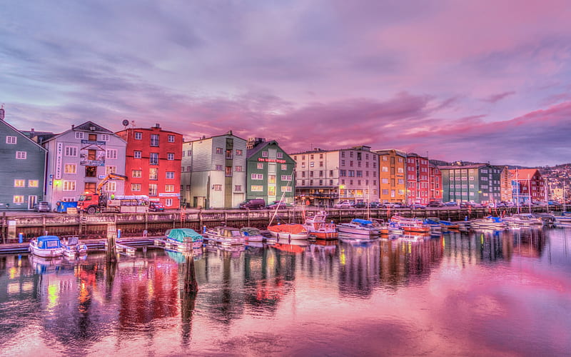 Trondheim, sunset, river, colorful houses, Norway, Europe, HD wallpaper