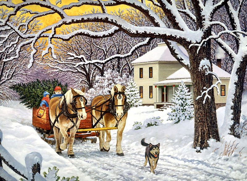Homeward Bound F2C, Christmas, art, holiday, December, equine, illustration, artwork, canine, horses, winter, snow, painting, wide screen, occasion, scenery, dog, HD wallpaper