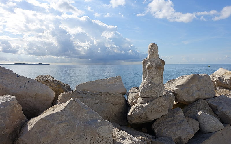 Piran Coast, Slovenia, Slovenia, sea, sculpture, rocks, clouds, coast, HD wallpaper