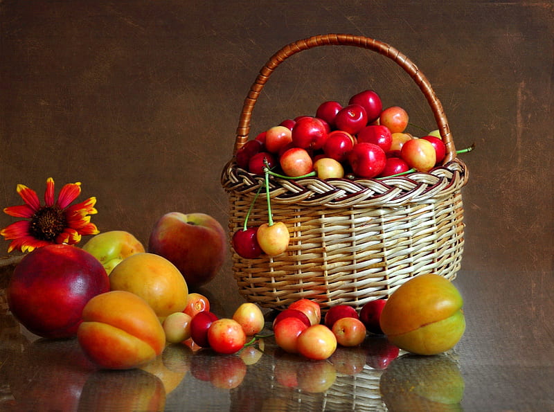 Still life, pretty, fruits, cherries, bonito, nice, yummy, apricot, flowers, lovely, fresh, spring, berries, basket, summer, peach, natural, HD wallpaper